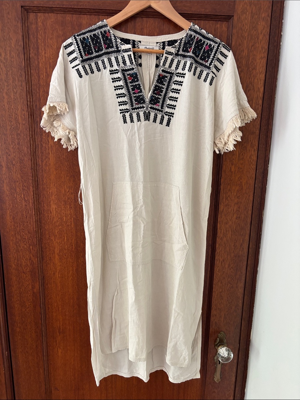 Madewell Cream Midi Dress with Black & Pink Embroidery